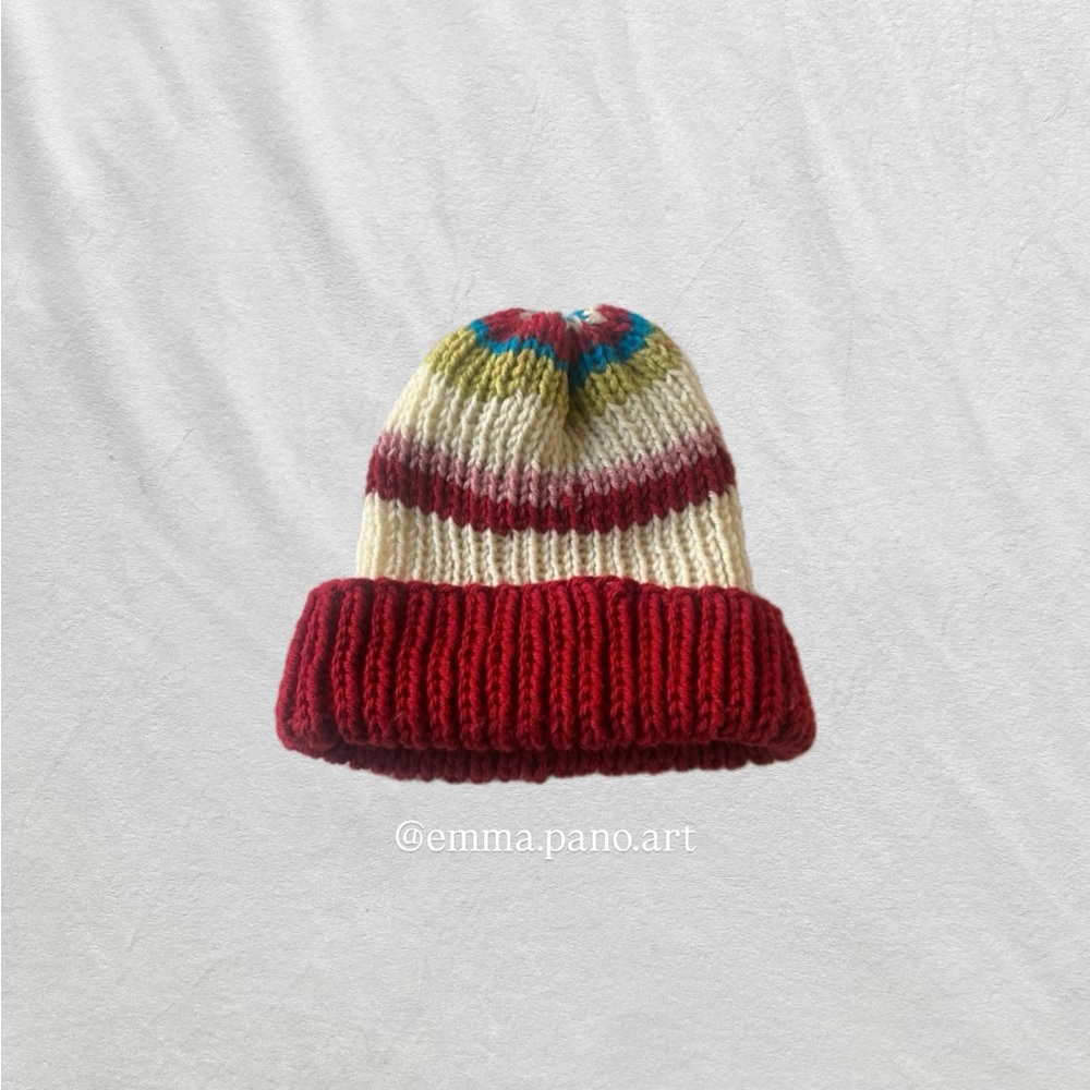 red cream white green blue striped ribbed fisherman style beanie hat